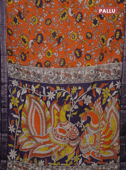 Kalamkari semi silk saree orange and deep violet with allover prints and mangalgiri border