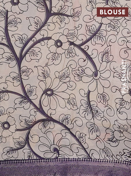 Kalamkari semi silk saree orange and deep violet with allover prints and mangalgiri border