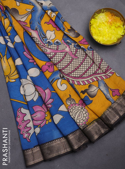 Kalamkari semi silk saree cs blue and black with allover prints and mangalgiri border