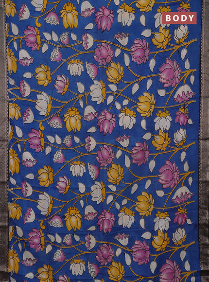 Kalamkari semi silk saree cs blue and black with allover prints and mangalgiri border