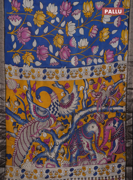 Kalamkari semi silk saree cs blue and black with allover prints and mangalgiri border