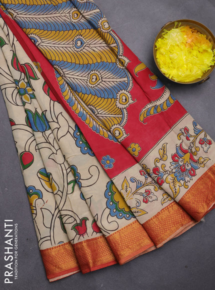 Kalamkari semi silk saree beige and rust shade with allover prints and mangalgiri border