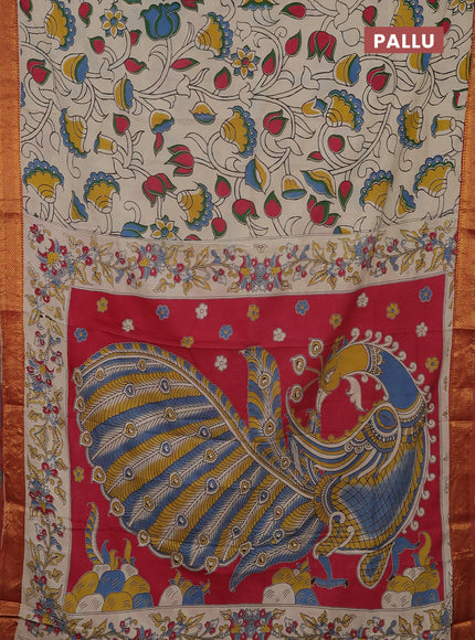 Kalamkari semi silk saree beige and rust shade with allover prints and mangalgiri border