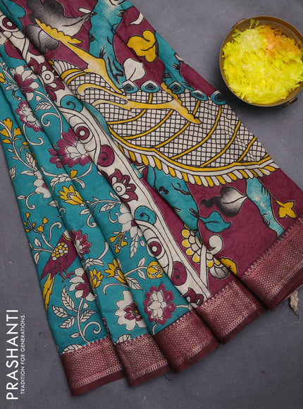 Kalamkari semi silk saree teal green and deep maroon with allover prints and mangalgiri border
