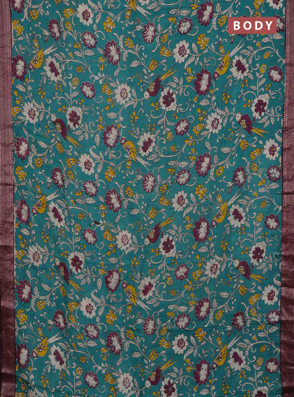 Kalamkari semi silk saree teal green and deep maroon with allover prints and mangalgiri border