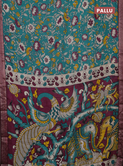 Kalamkari semi silk saree teal green and deep maroon with allover prints and mangalgiri border