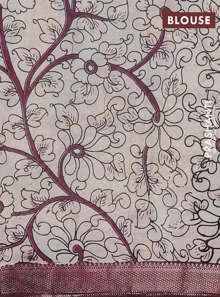Kalamkari semi silk saree teal green and deep maroon with allover prints and mangalgiri border