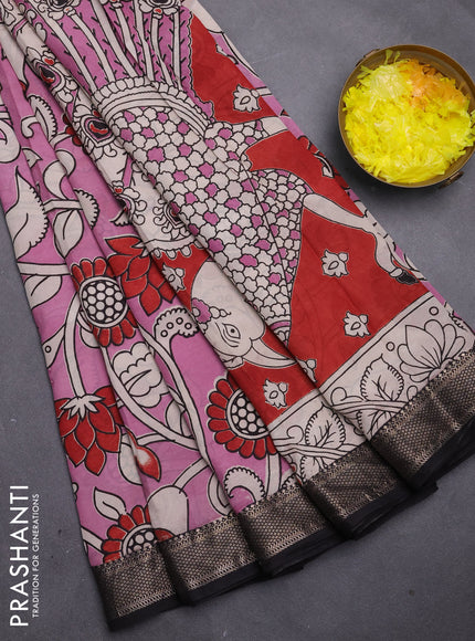 Kalamkari semi silk saree mauve pink and black with allover prints and mangalgiri border