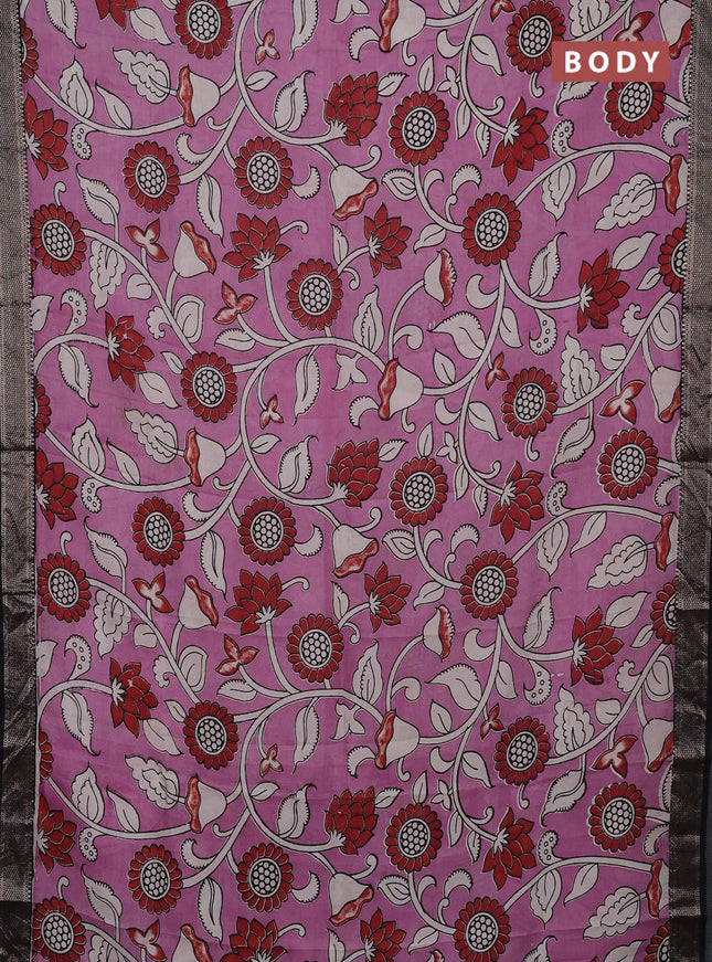 Kalamkari semi silk saree mauve pink and black with allover prints and mangalgiri border