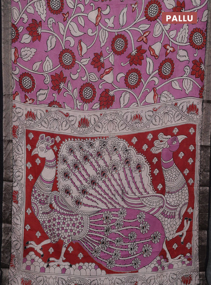 Kalamkari semi silk saree mauve pink and black with allover prints and mangalgiri border