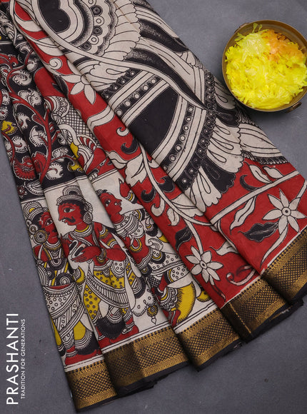 Kalamkari semi silk saree beige and black with allover prints and mangalgiri border