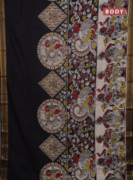 Kalamkari semi silk saree beige and black with allover prints and mangalgiri border