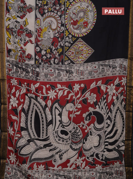 Kalamkari semi silk saree beige and black with allover prints and mangalgiri border
