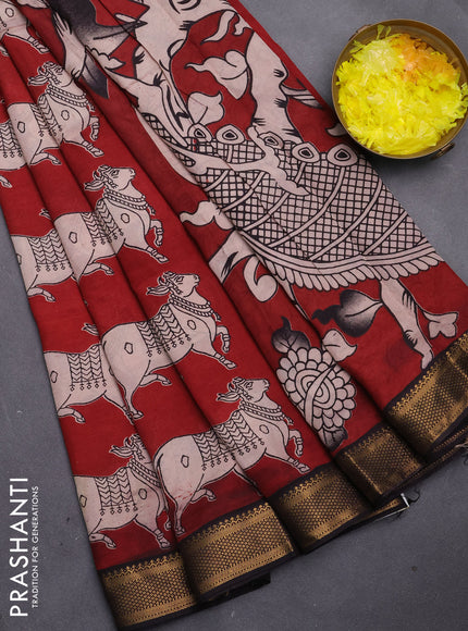 Kalamkari semi silk saree maroon and black with allover pichwai prints and mangalgiri border