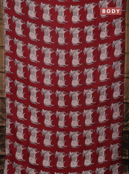 Kalamkari semi silk saree maroon and black with allover pichwai prints and mangalgiri border