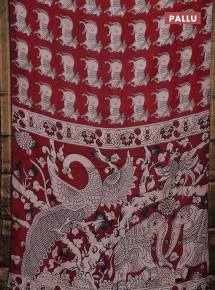 Kalamkari semi silk saree maroon and black with allover pichwai prints and mangalgiri border