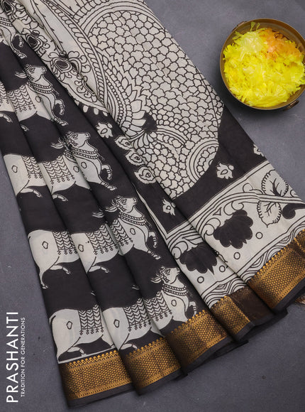 Kalamkari semi silk saree off white and black with allover pichwai prints and mangalgiri border