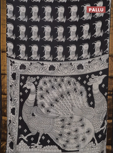 Kalamkari semi silk saree off white and black with allover pichwai prints and mangalgiri border