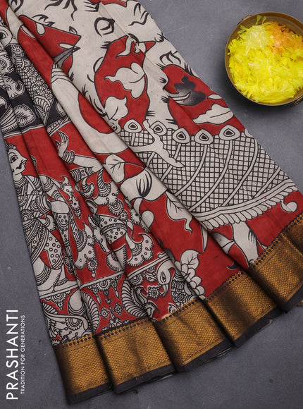 Kalamkari semi silk saree black and maroon with allover prints and mangalgiri border