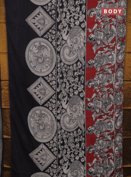 Kalamkari semi silk saree black and maroon with allover prints and mangalgiri border