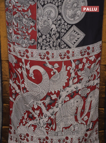 Kalamkari semi silk saree black and maroon with allover prints and mangalgiri border