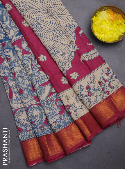 Kalamkari semi silk saree teal blue and wine shade with allover prints and mangalgiri border