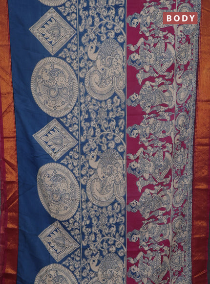 Kalamkari semi silk saree teal blue and wine shade with allover prints and mangalgiri border