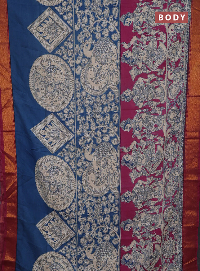 Kalamkari semi silk saree teal blue and wine shade with allover prints and mangalgiri border