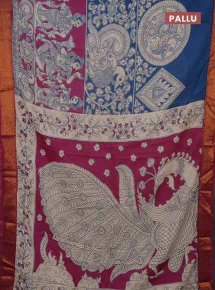 Kalamkari semi silk saree teal blue and wine shade with allover prints and mangalgiri border