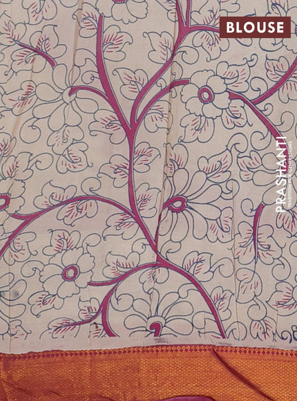 Kalamkari semi silk saree teal blue and wine shade with allover prints and mangalgiri border