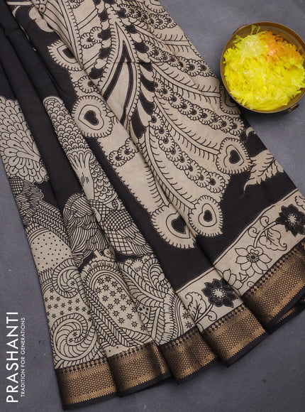 Kalamkari semi silk saree beige and black with allover prints and mangalgiri border