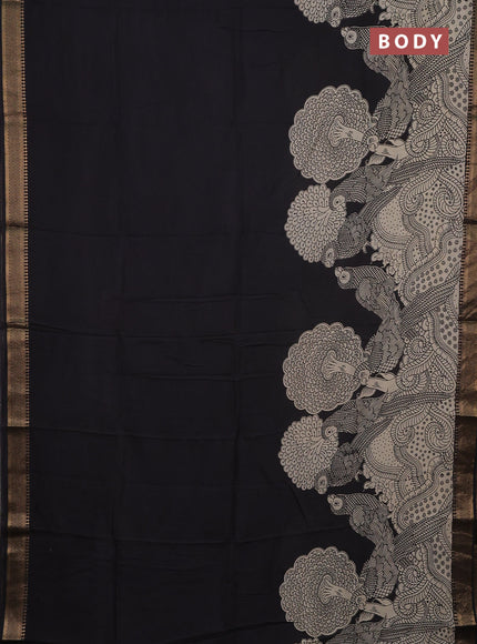 Kalamkari semi silk saree beige and black with allover prints and mangalgiri border