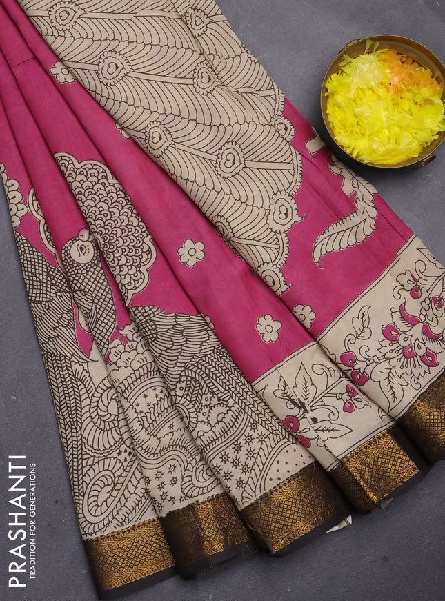 Kalamkari semi silk saree pink and black with allover prints and mangalgiri border