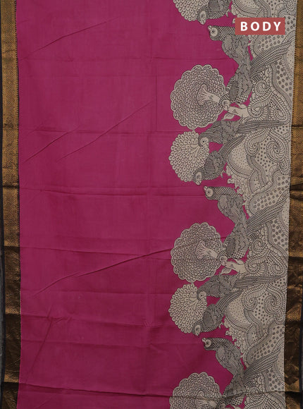 Kalamkari semi silk saree pink and black with allover prints and mangalgiri border