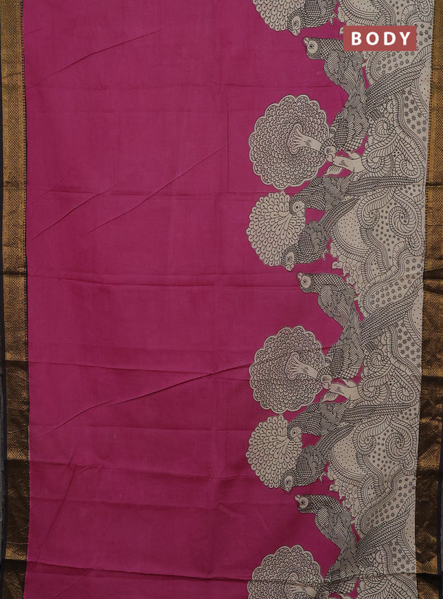 Kalamkari semi silk saree pink and black with allover prints and mangalgiri border