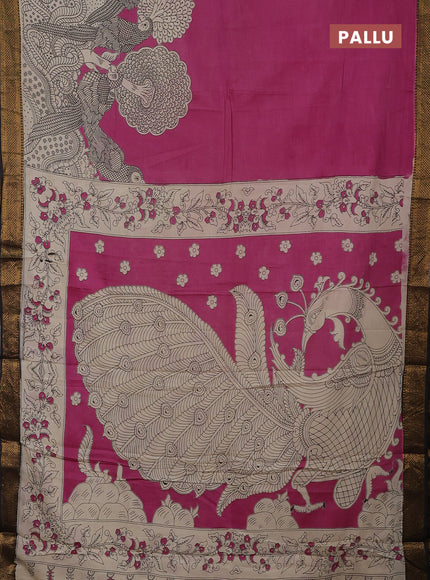 Kalamkari semi silk saree pink and black with allover prints and mangalgiri border