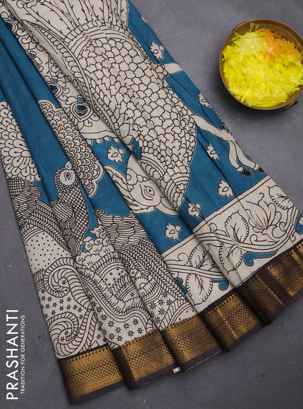 Kalamkari semi silk saree beige and black with allover prints and mangalgiri border