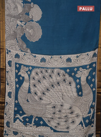 Kalamkari semi silk saree beige and black with allover prints and mangalgiri border