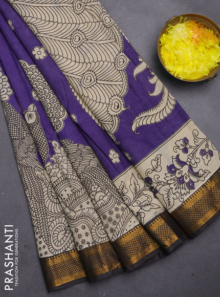 Kalamkari semi silk saree violet and black with allover prints and mangalgiri border