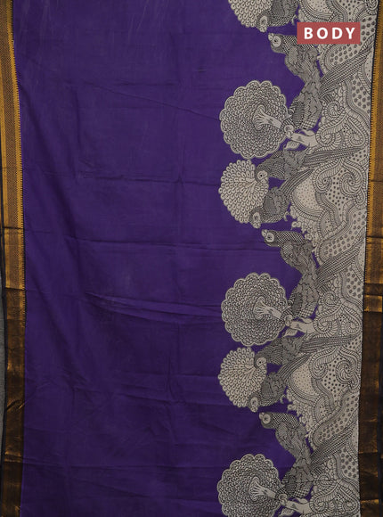 Kalamkari semi silk saree violet and black with allover prints and mangalgiri border