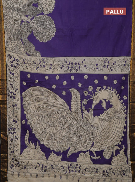 Kalamkari semi silk saree violet and black with allover prints and mangalgiri border