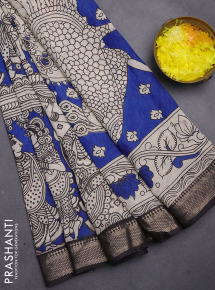 Kalamkari semi silk saree blue and black with allover prints and mangalgiri border