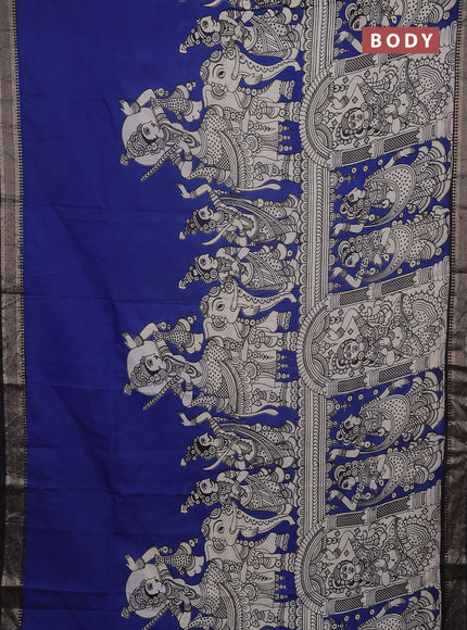 Kalamkari semi silk saree blue and black with allover prints and mangalgiri border