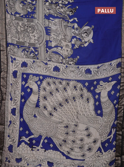 Kalamkari semi silk saree blue and black with allover prints and mangalgiri border