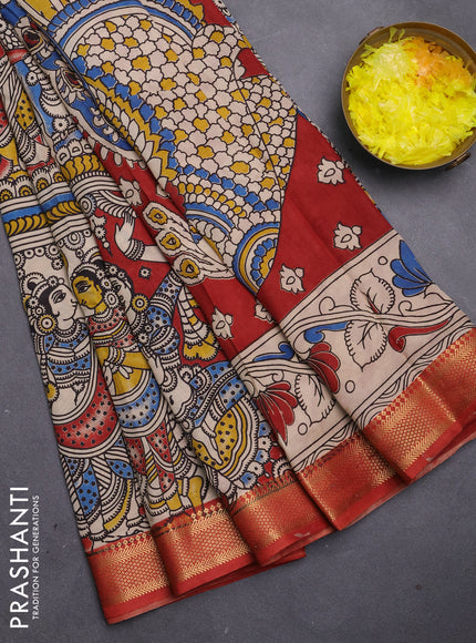 Kalamkari semi silk saree beige and rust shade with allover prints and mangalgiri border
