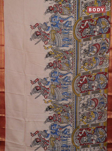 Kalamkari semi silk saree beige and rust shade with allover prints and mangalgiri border