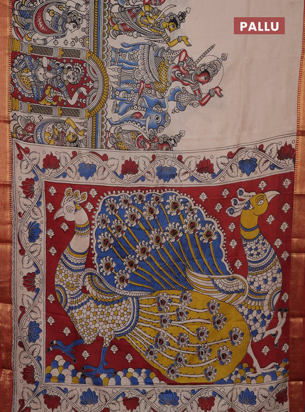 Kalamkari semi silk saree beige and rust shade with allover prints and mangalgiri border