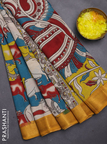 Kalamkari semi silk saree peacock green and mustard yellow with allover pichwai prints and mangalgiri border