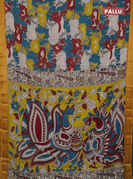 Kalamkari semi silk saree peacock green and mustard yellow with allover pichwai prints and mangalgiri border