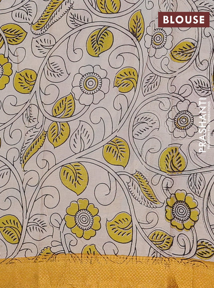 Kalamkari semi silk saree peacock green and mustard yellow with allover pichwai prints and mangalgiri border